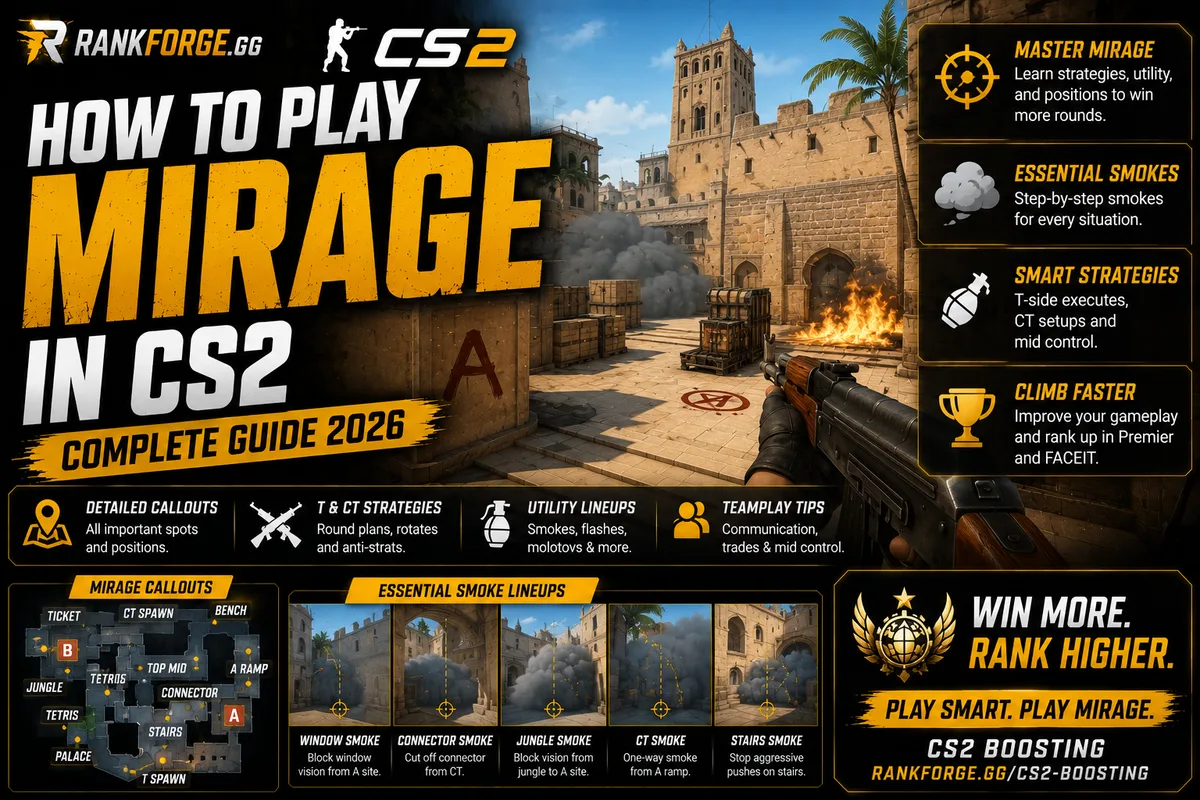 CS2 Mirage Guide | Smokes, Strategies & Tips (2026)