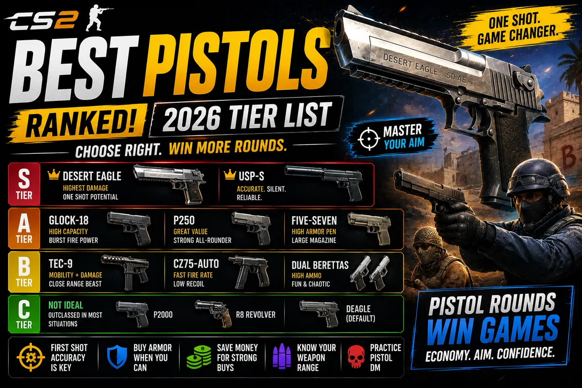 Best CS2 Pistols | Complete Pistol Tier List (2026)